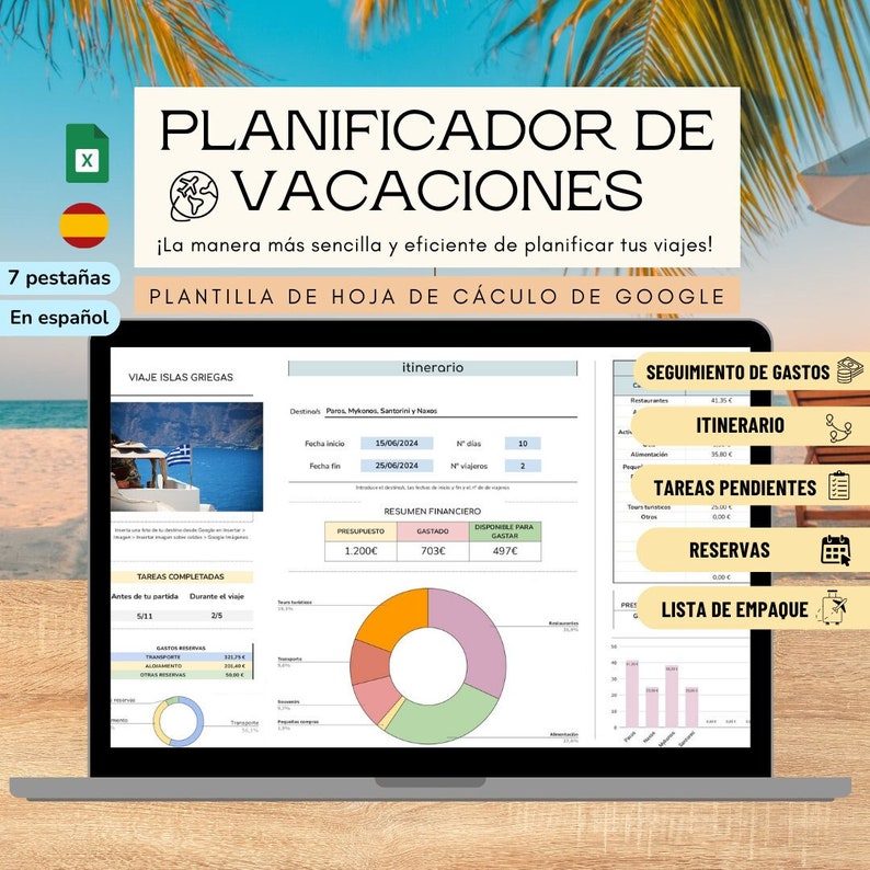 Travel and Vacation Planner - Spreadsheet Template - SPANISH - Expenses, itinerary, reservations, packing list, pending tasks