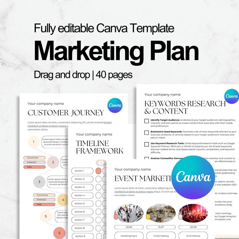 40-Page Marketing Plan Template | No Canva Pro | Marketing Branding, Client Strategy, Business Development, Digital Marketing, Startup Plan