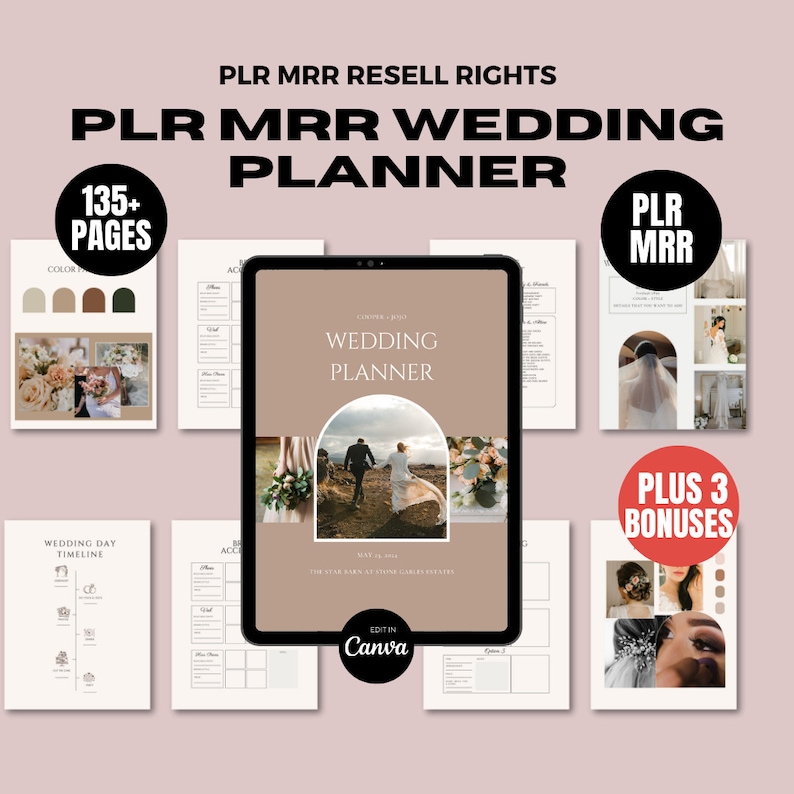Canva Wedding Planner PLR MRR, Editable Master Resell Rights Private Label Rights, Done For You Wedding Organizer, PLR Digital Planner Mrr