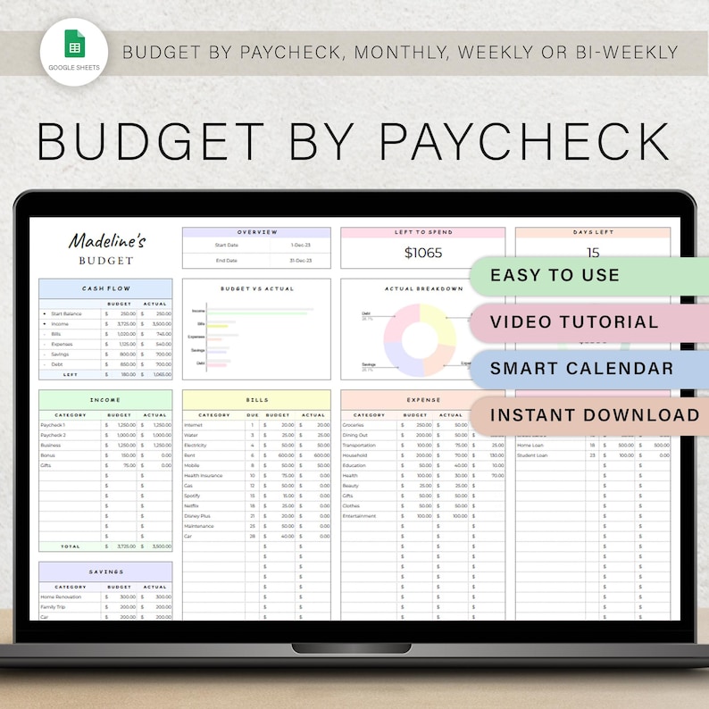 Budget By Paycheck Budget Spreadsheet Financial Planner Template Google Sheets Monthly Tracker Weekly Biweekly Bill Expenses Savings Debt