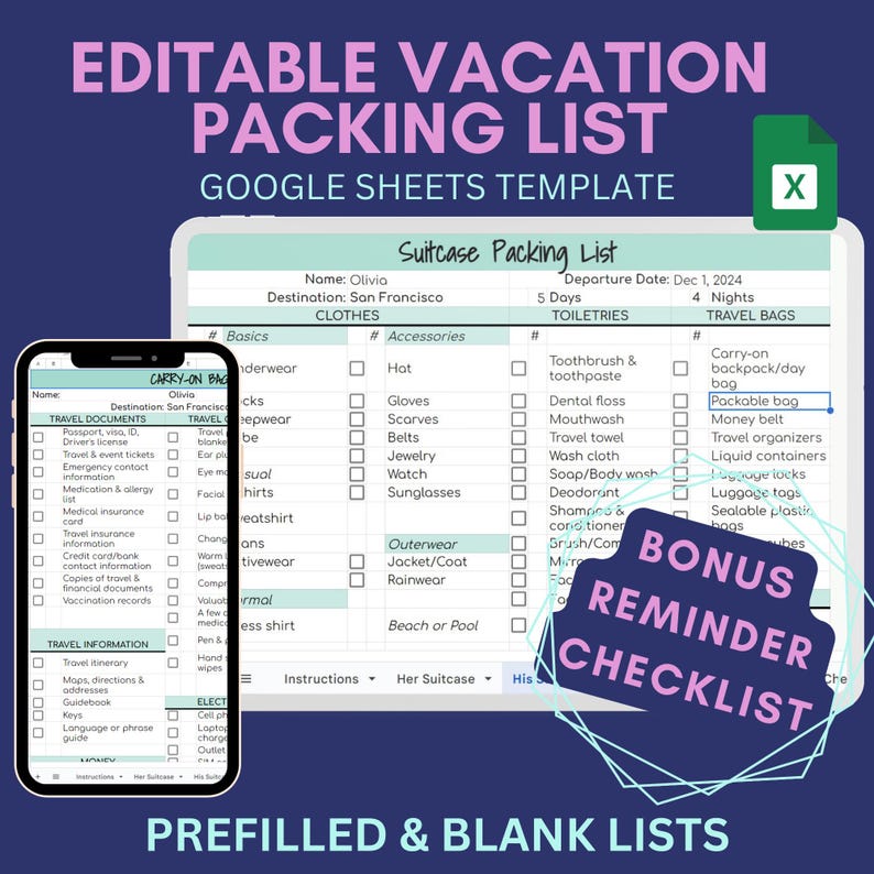 Travel Essential Packing List Google Sheet Vacation Planner To Do List Digital Template Spreadsheet Travel Printable Checklist Trip Planner