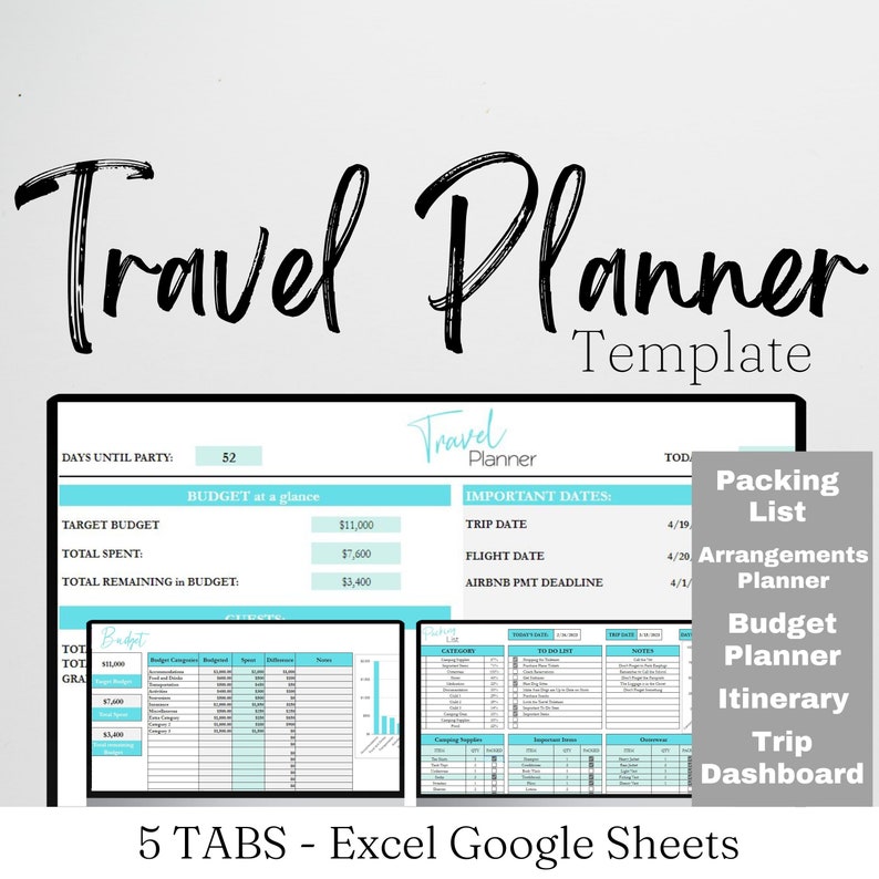 Travel Planner Excel Spreadsheet, Travel Budget Google Sheets, Travel Planning Accommodations, Trip Itinerary, Vacation Plans Google Doc
