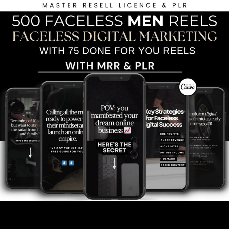 500 Faceless Men Reels Dark Aesthetic With Done For You Content, Faceless Digital Marketing Reels, resell rights, mrr, plr,