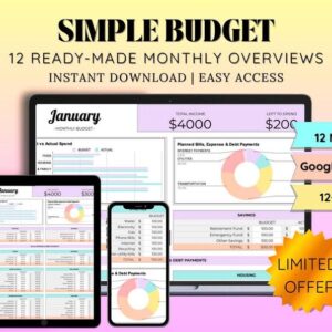 Monthly Budget Planner Google Sheets | Easy Budget Spreadsheet | Financial Planner Template | Easy Budget Spreadsheet | Monthly Budget Sheet