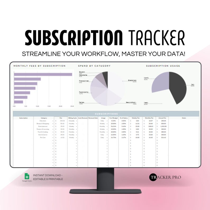 Subscription Tracker Google Sheets Template | Financial Planner Tools Spreadsheet | Membership Tracker Spreadsheet | Monthly Budget Editable