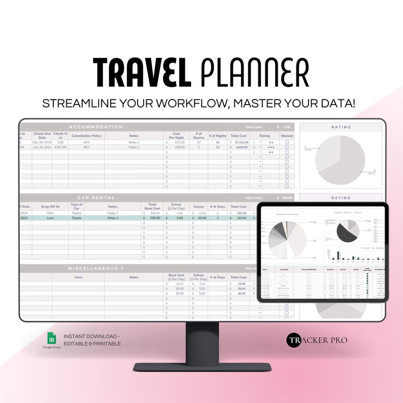 Travel Planner Spreadsheet, Vacation Planner Google Sheets, Holiday Planner, Travel Organizer, Trip Itinerary, Packing List, To-do