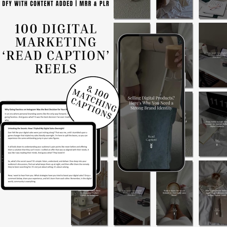 100 Digital Marketing "Read Caption" Reels and 100 Matching Captions & 100 Instagram Story Quotes | MRR | PLR | Digital Marketing | DFY