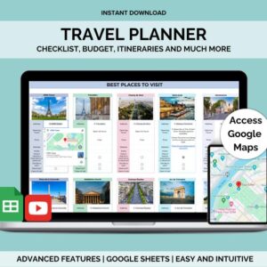 Travel Planner Google Sheets Template, Planner for Travelling Itinerary, Travel Budget Spreadsheet, Google Maps, Packing List, Checklist