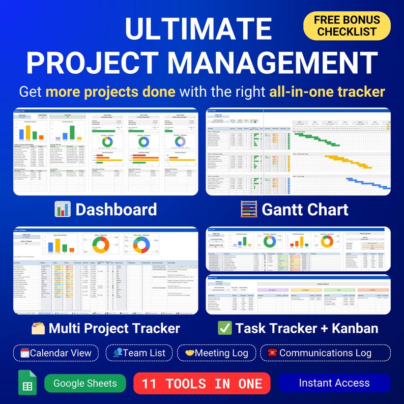 Project Management Template, Multi Project Tracker Google Sheets Gantt Chart, Kanban Board, Task Tracker To Do List Small Business Dashboard