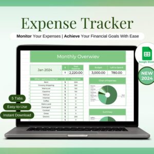 Monthly Expense Tracker Spreadsheet Template, Personal Finance Planner Spending Tracker Budget Sheet, Green Financial Google Spreadsheet