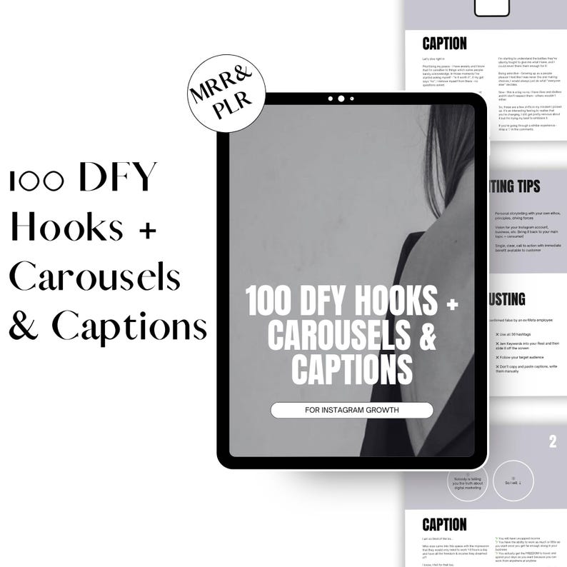 100 DFY Hooks + Carousels & Captions for Instagram Growth | MRR, PLR License | Editable Canva Template | Digital Marketing
