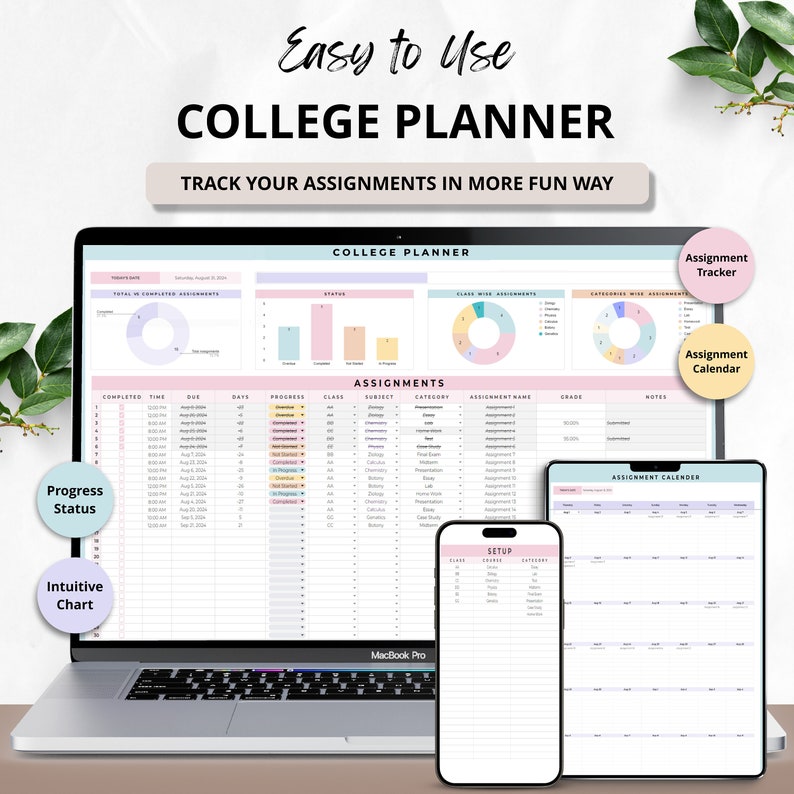 College Student Planner Spreadsheet Academic template Google sheets Study Adhd assignment Tracker Automated Calendar Budget Finance Tracker
