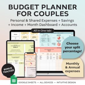 Monthly Budget Planner for COUPLES in Google sheets. Income, expenses and savings planners. Personal finances spreadsheet for couples.
