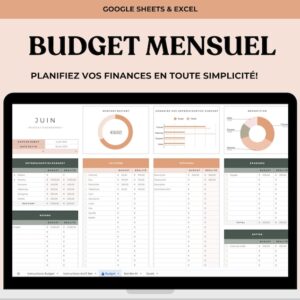 Budget mensuel franais, Budget Planner franais, Monthly Budget Spreadsheet in French, Track Income and Expenses, Google Sheets et Excel