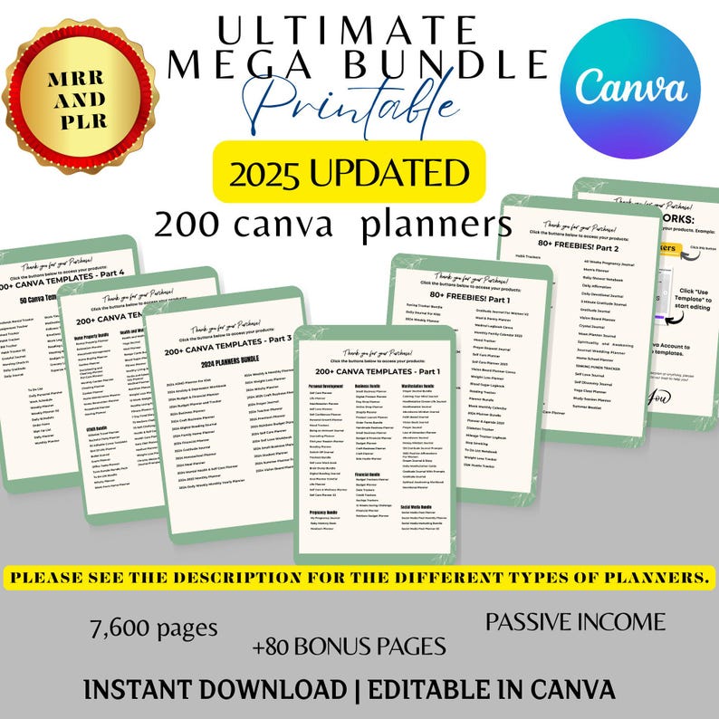 7600+ Pages PLR Canva Template Bundle, 200 Canva PLR Templates, Planners, Journals, Trackers, Printable, Master Resell Rights, PLR Product,