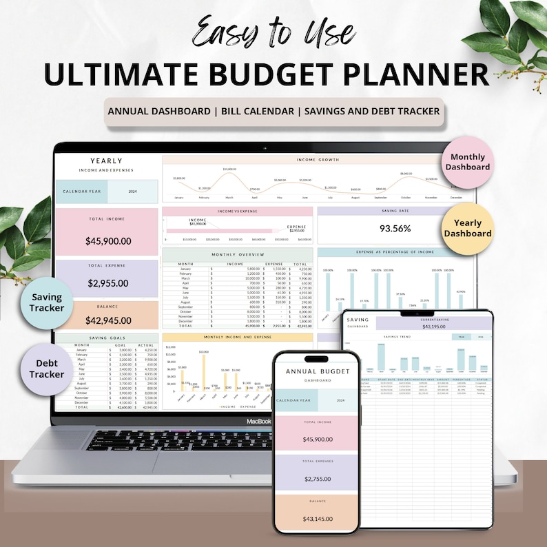 Ultimate Budget Planner google spreadsheet Annual Monthly Budget template Paycheck Budget Expense Bill Finance saving Tracker debt dashboard