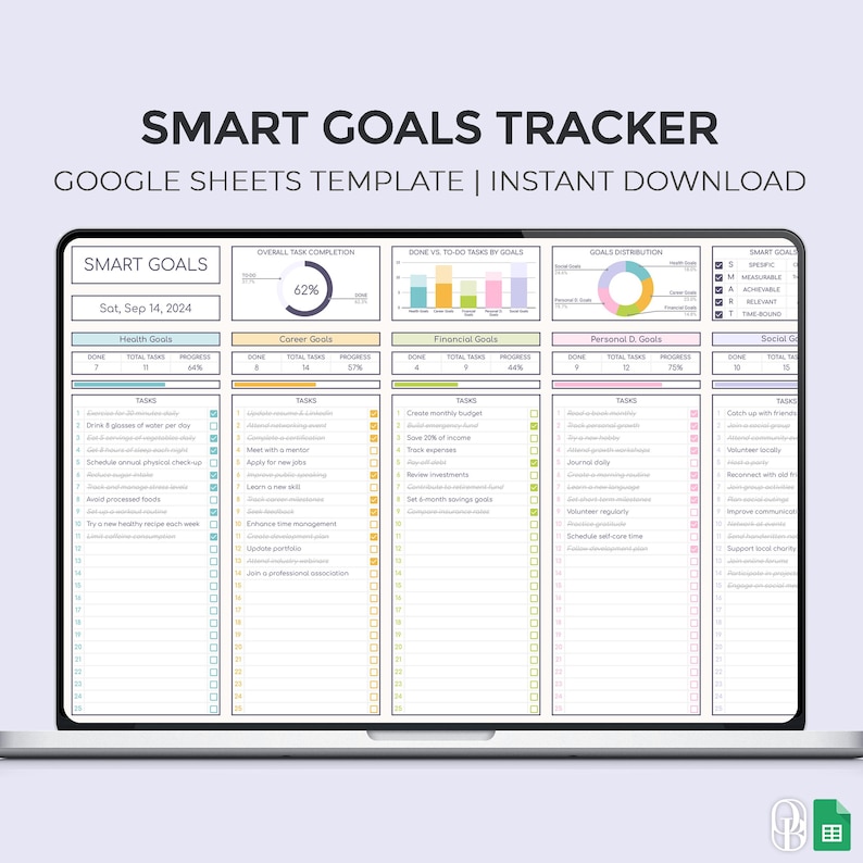 Smart Goals Tracker - Achieve Your Goals with Ease - Task Tracker - Google Sheets Template - Spreadsheet - Instant Download
