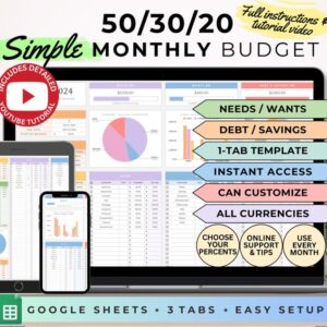 50/30/20 Budget Planner Google Sheet Budget Spreadsheet Monthly Budget Planner Template Bill Planner Monthly Expense Tracker Simple Budget