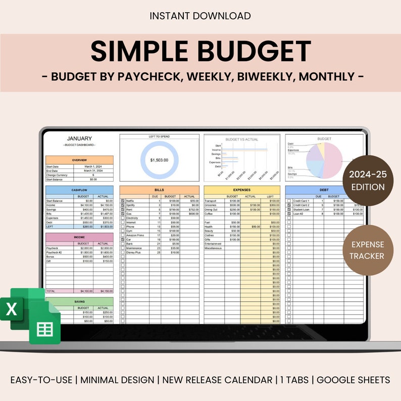 Excel Budget Planner Spreadsheet Monthly Budget for Google sheets Budget Tracker, Weekly Budget Template, Biweekly Budget Planner savings
