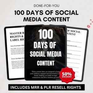 100 days of social media content ideas ebook, faceless digital marketing, content ideas, mrr plr, social media content, ebook template, smm