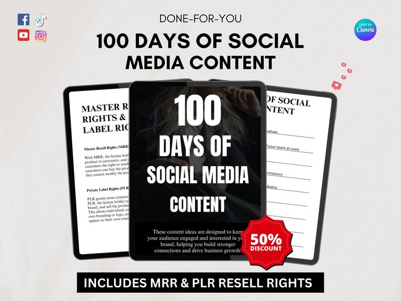 100 days of social media content ideas ebook, faceless digital marketing, content ideas, mrr plr, social media content, ebook template, smm 100 days of social media content ideas ebook, faceless digital marketing, content ideas, mrr plr, social media content, ebook template, smm