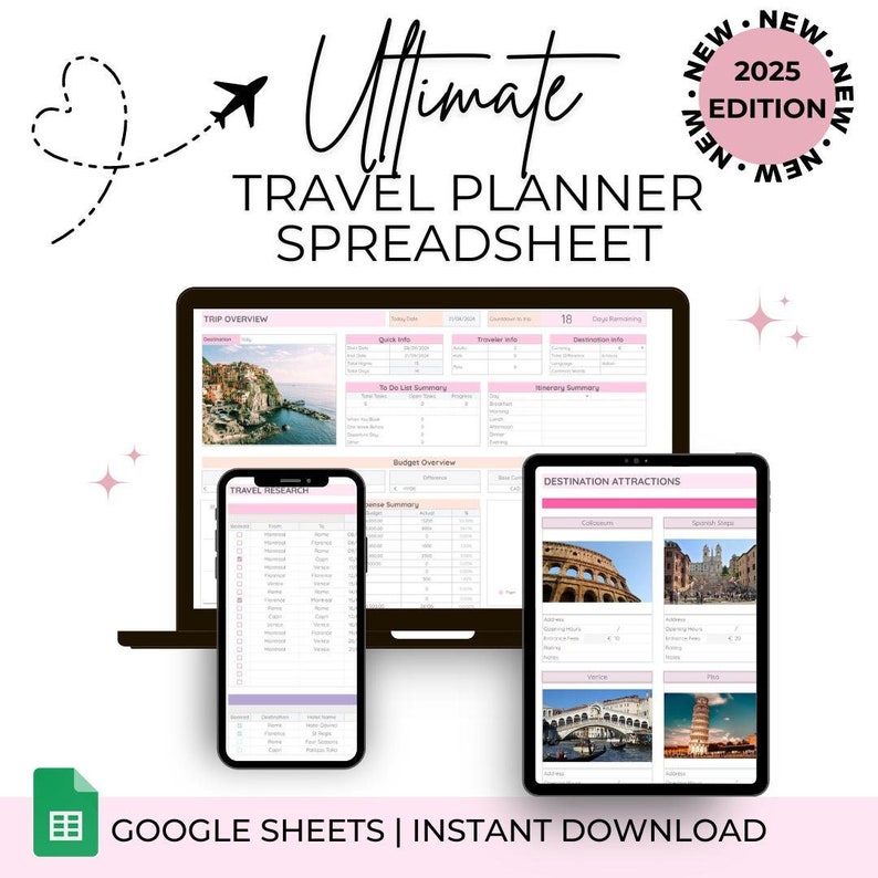 Ultimate Travel Planner Spreadsheet, Trip Planner, Digital Holiday Planner, Travel Organizer, Packing List, Travel Itinerary, Vacation Plan