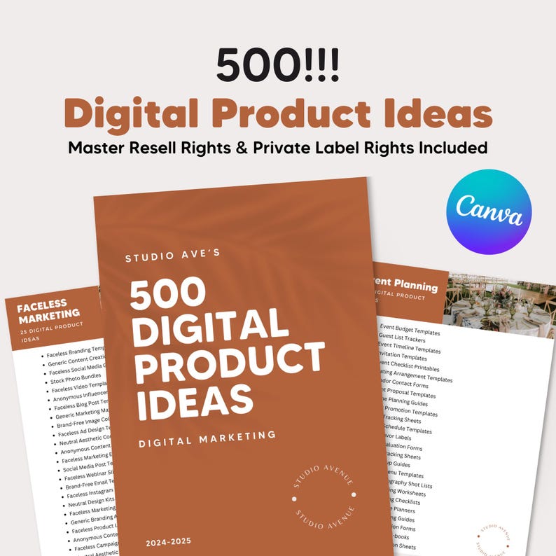 Unlock 500 Digital Product Ideas for Passive Income | Generate Sales | MRR, PLR Rights | Easy Canva Templates