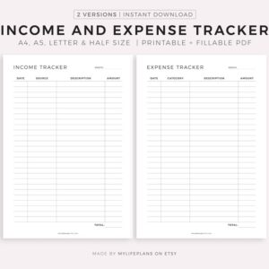 Income & Expense Tracker, Monthly Budget Planner Printable, Financial Planner, Money Tracker, A4/A5/Letter/Half Size, Instant Download PDF
