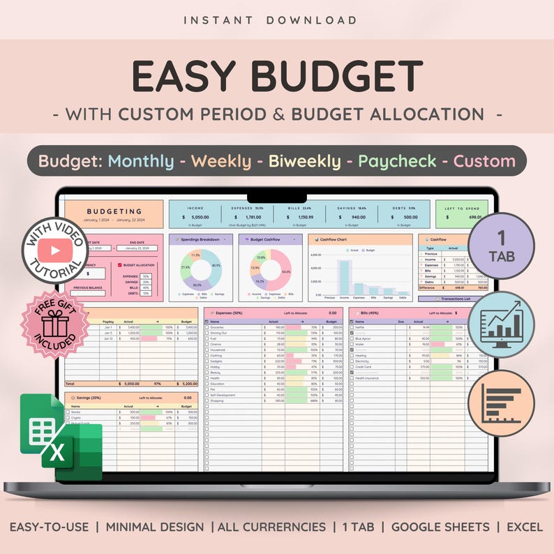 Easy Budget Planner for Google Sheet Budget Spreadsheet w/ Weekly | BiWeekly | Paycheck | Monthly Budget | Reconciliation & Expense Tracker
