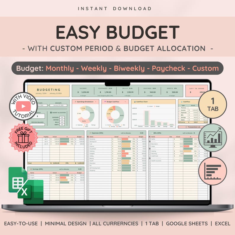 Easy Budget Planner for Google Sheet Budget Spreadsheet w/ Weekly | BiWeekly | Paycheck | Monthly Budget | Reconciliation & Expense Tracker