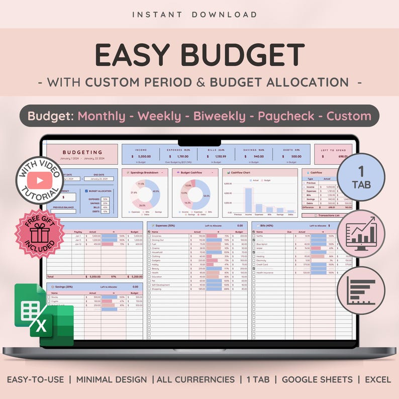 Easy Budget Planner for Google Sheet Budget Spreadsheet w/ Weekly | BiWeekly | Paycheck | Monthly Budget | Reconciliation & Expense Tracker