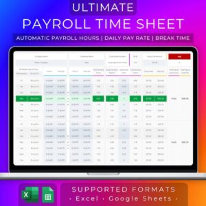 Payroll Timesheet Excel & Google Sheets | Employee Time Tracker | 2024 Digital Template | Weekly Bi-Weekly Monthly Pay | Daily Attendance