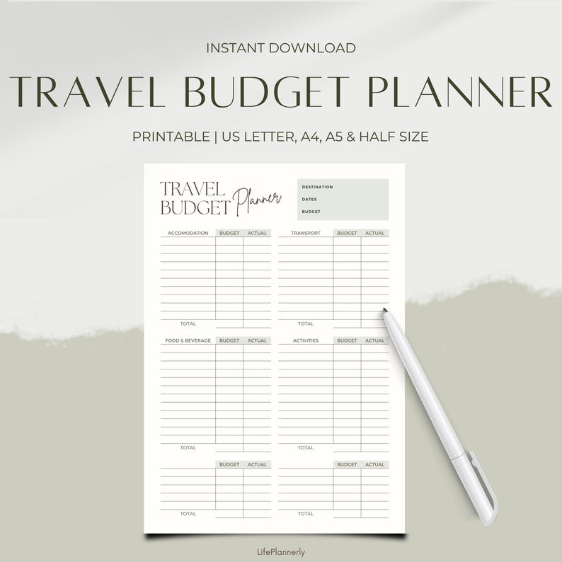 Travel Budget Planner Printable, Vacation Budget Worksheet Template, Holiday Finances Planner, A4/A5/Letter/Half Size, Instant Download PDF