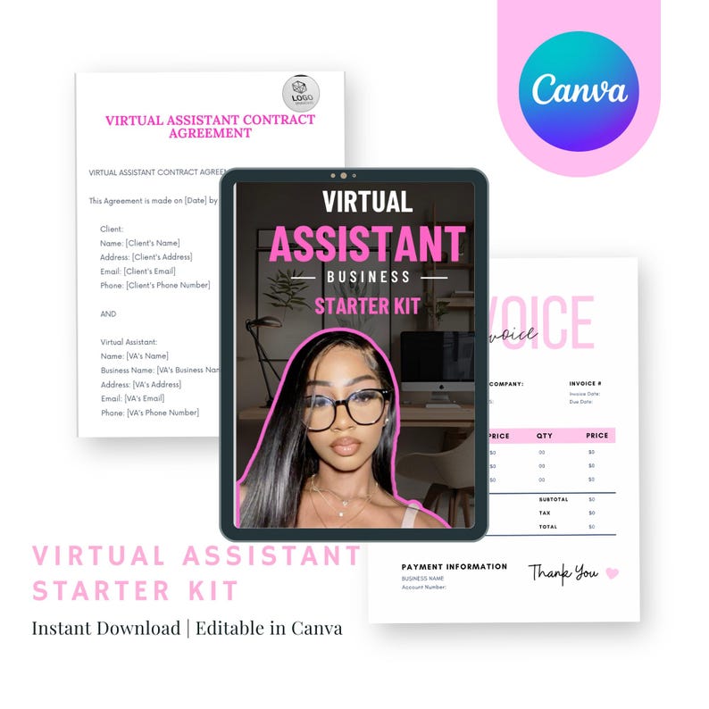 Virtual Assistant Business, Bundle, Resell-Ebook, done for you, DFY, editable, template, Canva, Ebook, Invoice Template, Contract Template