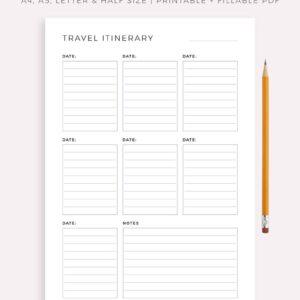 Simple Travel Itinerary Printable, Travel Planner Template, Vacation Planner, Travel Schedule, A4/A5/Letter/Half Size, Instant Download PDF