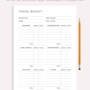 Travel Budget Planner Printable, Work / Holiday Spending Worksheet Template, Finances Planner, A4/A5/Letter/Half Size, Instant Download PDF