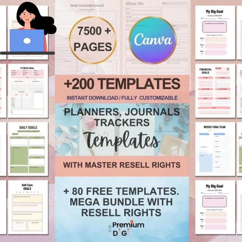 7500+ Pages PLR Canva Template Bundle | 200 Canva Templates | Planners | Journals | Trackers | Printable Master Resell Rights PLR Products